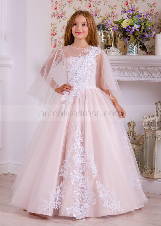 Flutter Sleeves White Lace Light Pink Tulle Flower Girl Dress